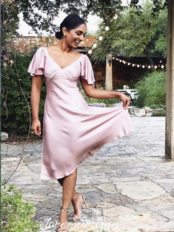 Pink Elastic Satin Short Sleeves V-neck Short Bridesmaid Dresses,CB014 clover sew Pink Elastic Satin Short Sleeves V-neck Short Bridesmaid Dresses,CB014 clover sew
