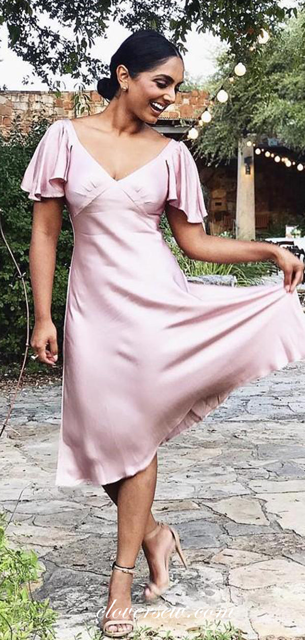 Pink Elastic Satin Short Sleeves V-neck Short Bridesmaid Dresses,CB0140