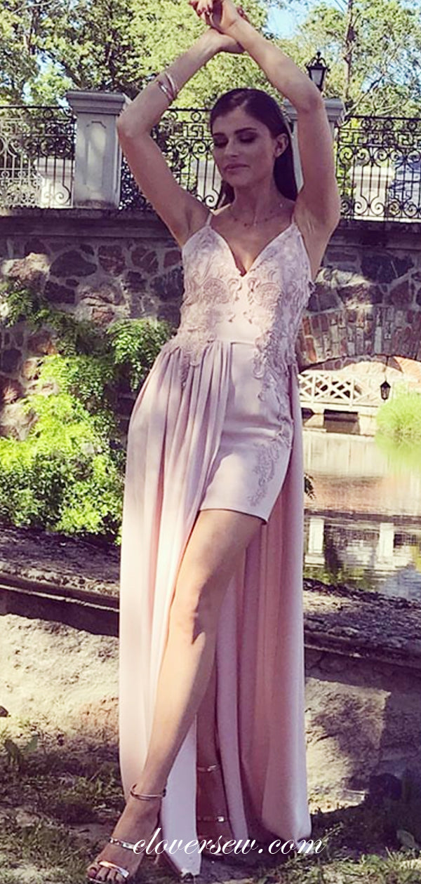 Pink Lace Applique Spaghetti Strap High Low Sheath Prom Dresses, CP0515