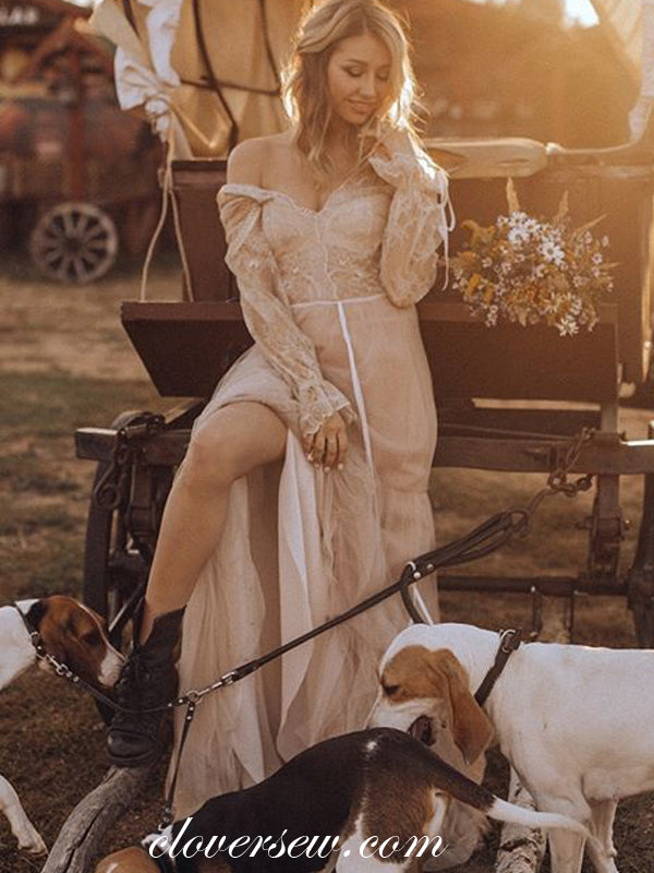 pink country wedding dress Off the Shoulder Dusty Pink Wedding Dresses Lace Long Sleeves Wedding Gowns A Line Country Bridal Dress US16