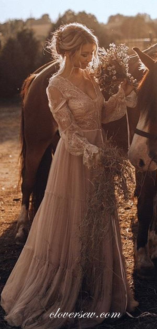 Pink Lace Tulle Long Sleeves A-line Country Wedding Dresses ,CW0127