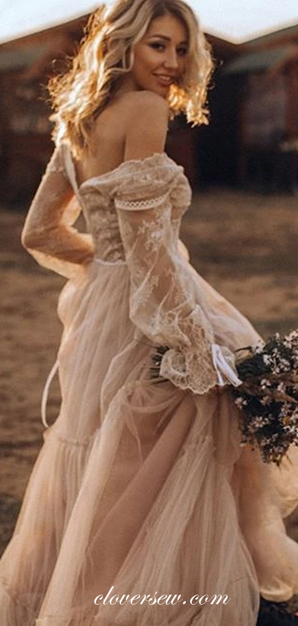 Pink Lace Tulle Long Sleeves A-line Country Wedding Dresses ,CW0127