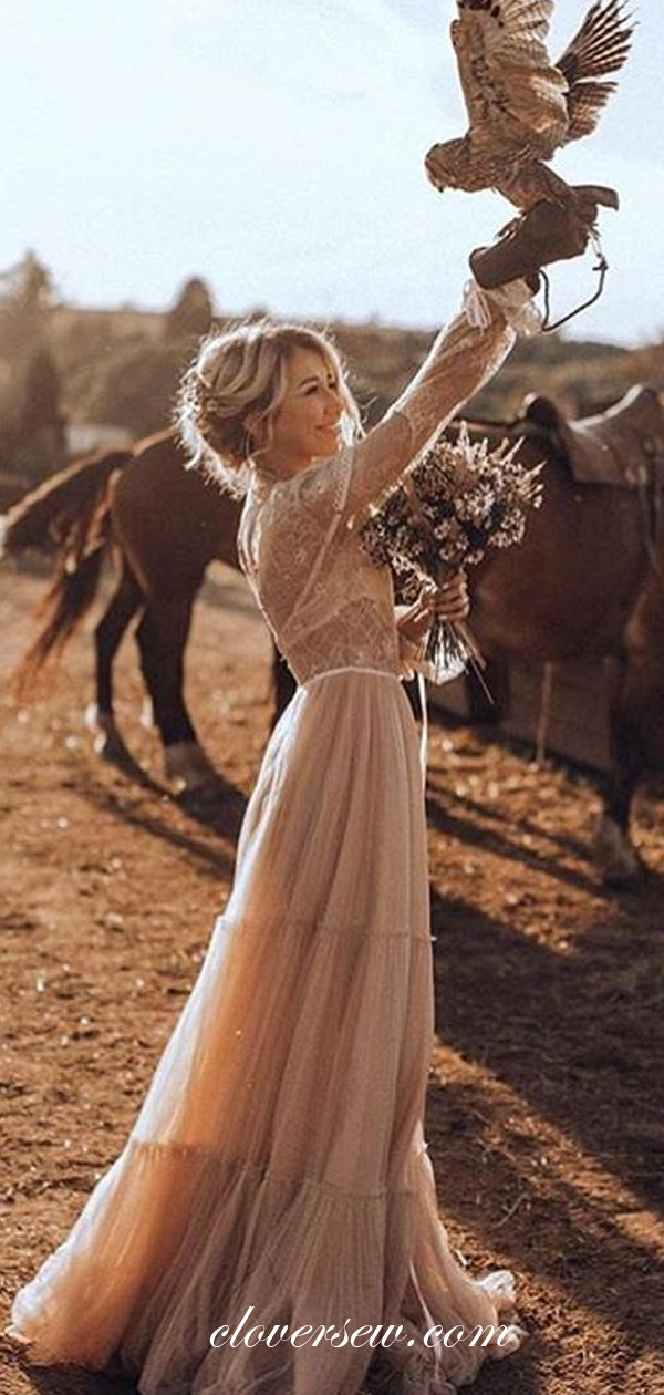 Pink Lace Tulle Long Sleeves A-line Country Wedding Dresses ,CW0127