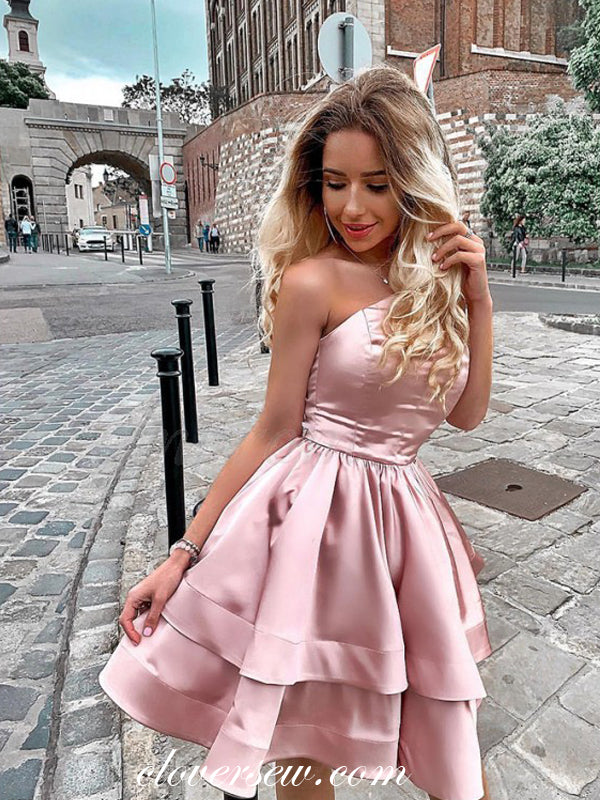 Pink One Shoulder Tiered A-line Homecoming Dresses, CH0017 – clover sew