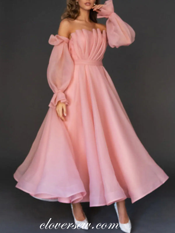 Pink Organza Long Sleeves Pleating A-line Ankle Length Prom Dresses, CP0804