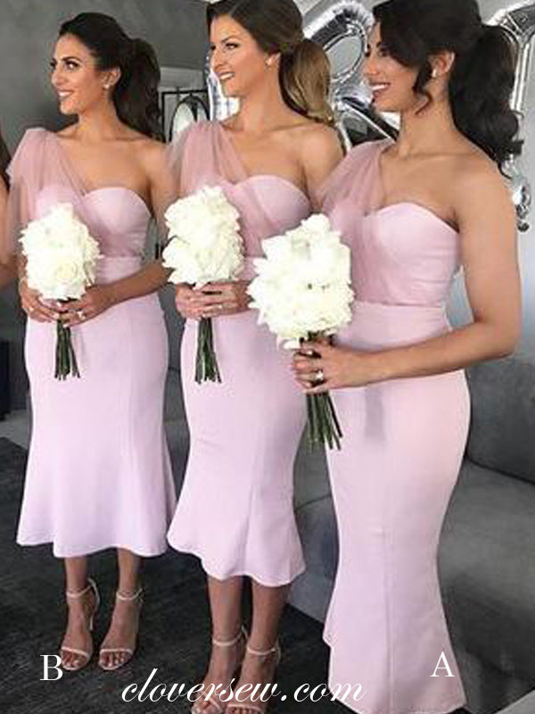 Pink Satin One Shoulder Sheath Mismatched Bridesmaid Dresses, CB0150 clover sew Pink Satin One Shoulder Sheath Mismatched Bridesmaid Dresses, CB0150 clover sew