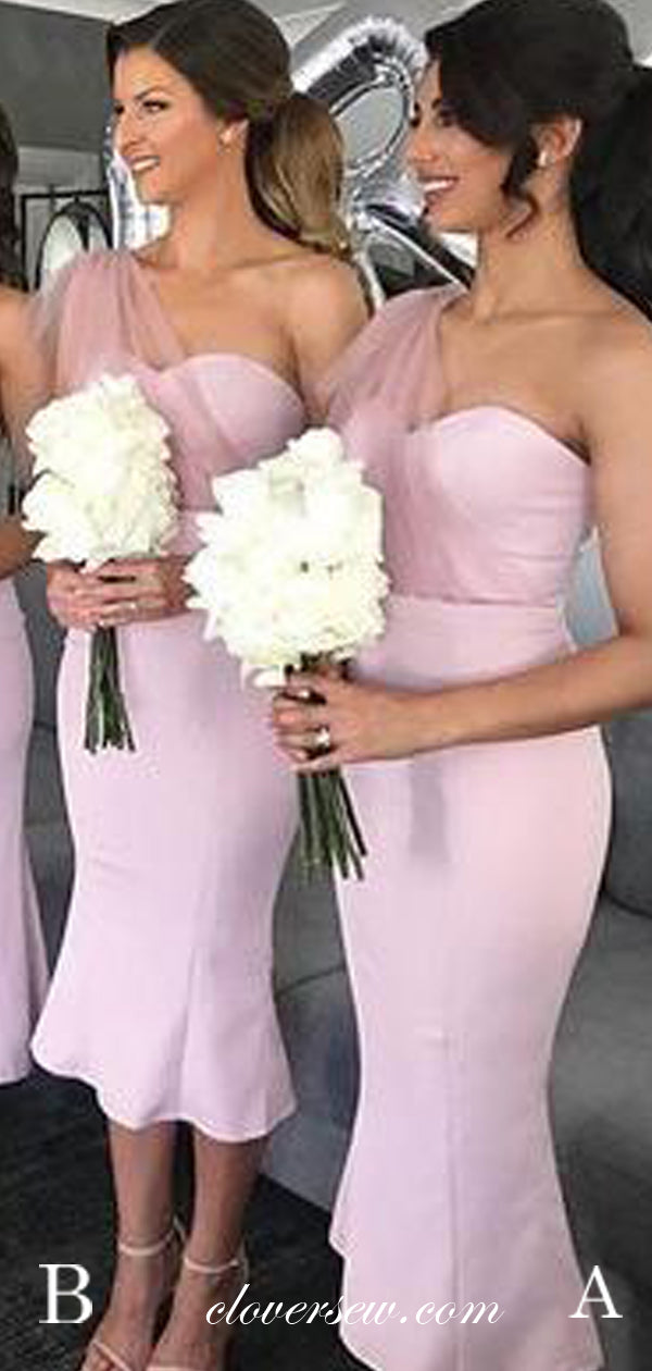 Pink Satin One Shoulder Sheath Mismatched Bridesmaid Dresses, CB0150