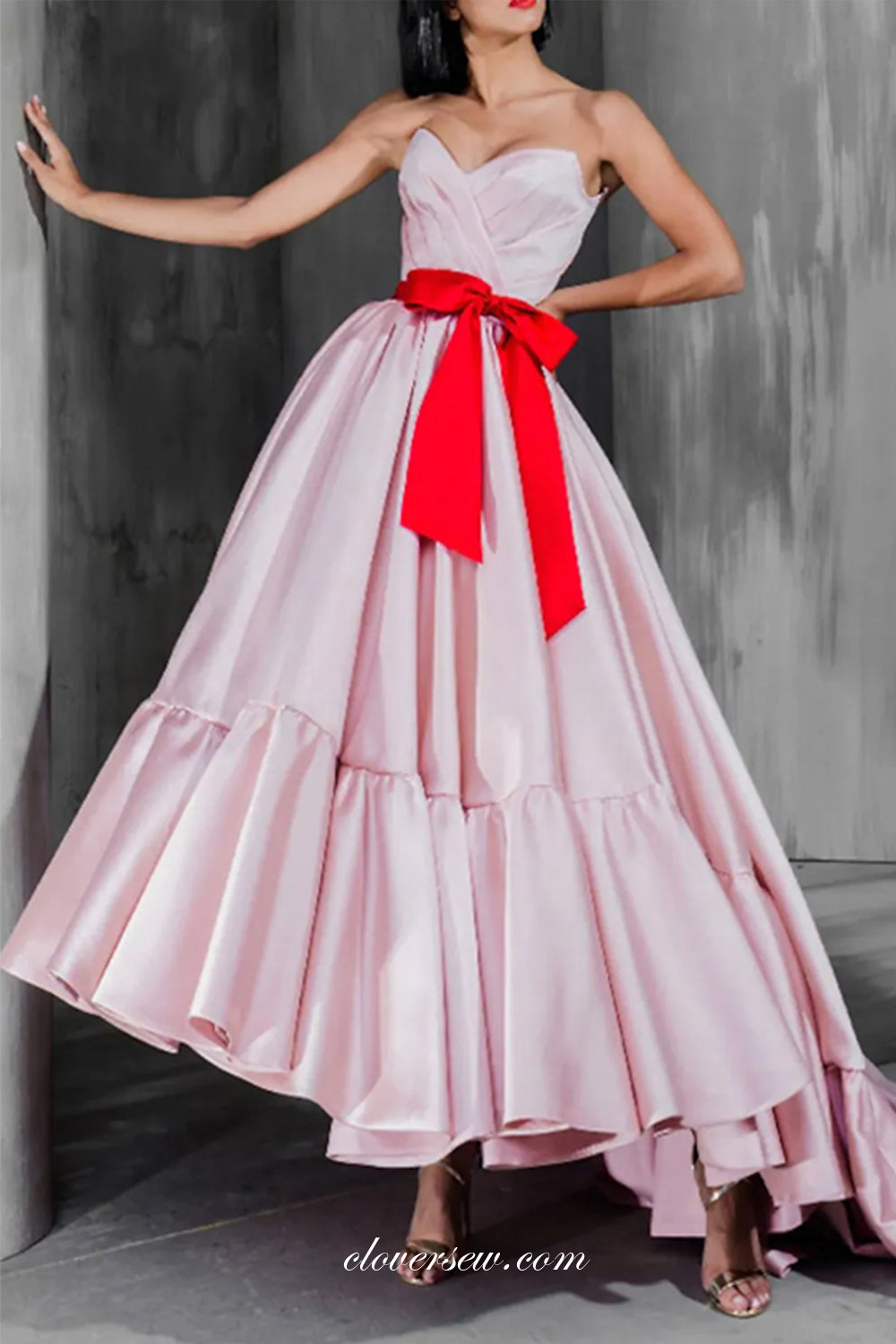 Pink Satin Red Bow Belt Sweetheart Strapless A-line Prom Dresses, CP0774