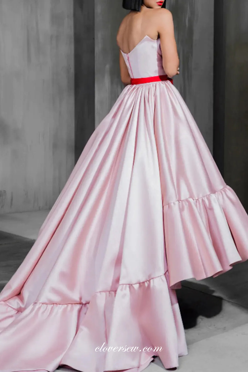 Pink Satin Red Bow Belt Sweetheart Strapless A-line Prom Dresses, CP0774