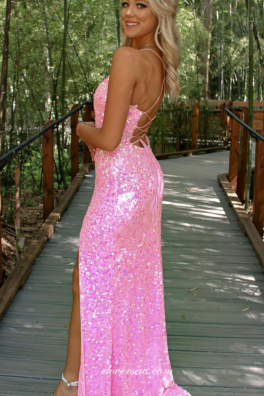 Pink Sequin Spaghetti Strap Lae Up Back Slit Prom Dresses, CP0864