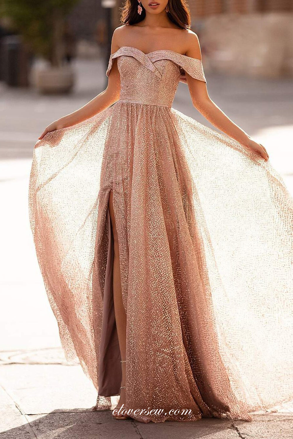 Pink Sequined Tulle Off The Shoulder Elegant Shiny Prom Dresses, CP0789