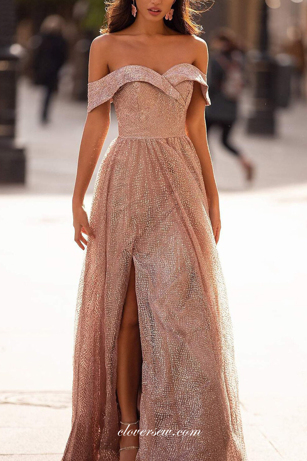 Pink Sequined Tulle Off The Shoulder Elegant Shiny Prom Dresses, CP0789