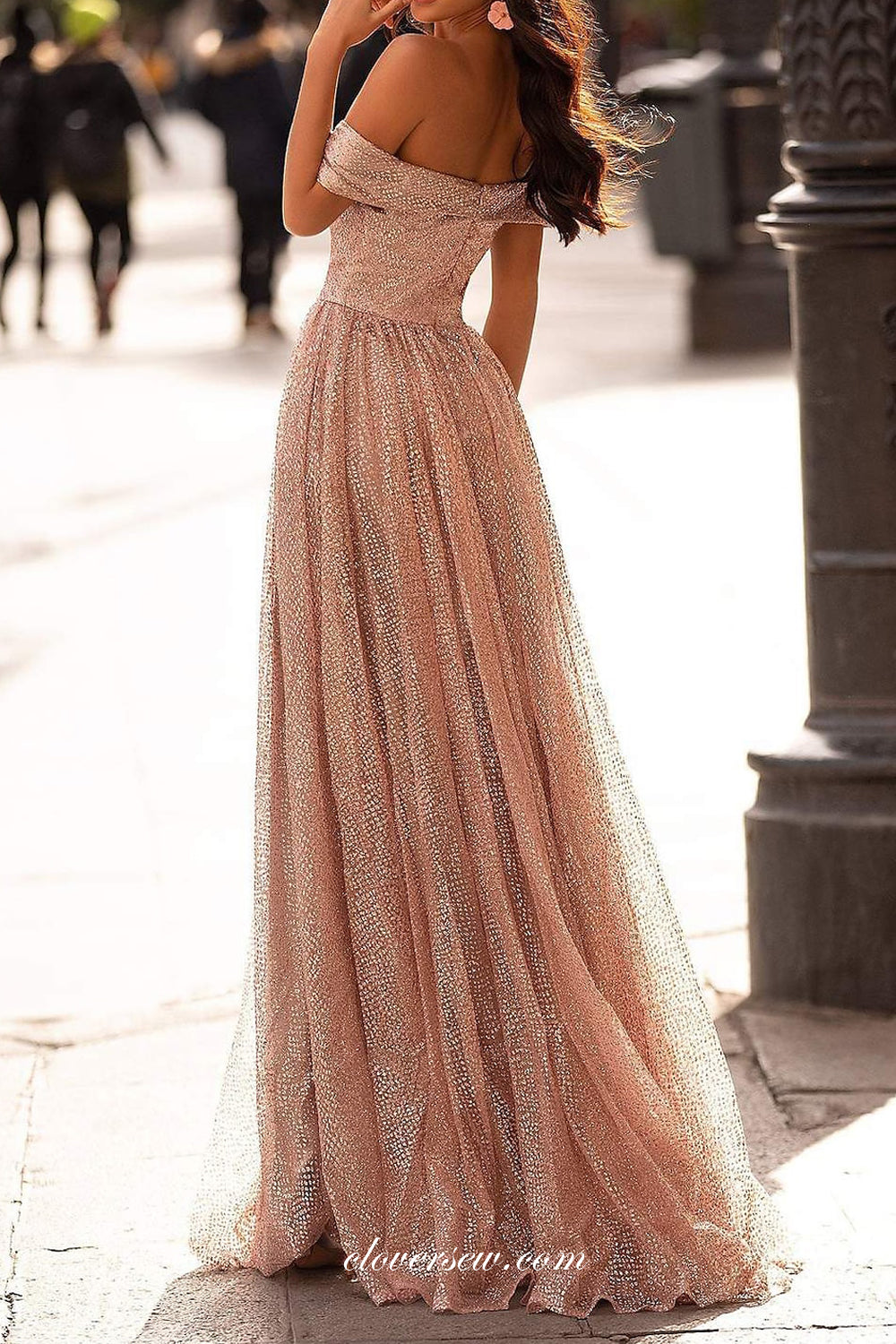 Pink Sequined Tulle Off The Shoulder Elegant Shiny Prom Dresses, CP0789