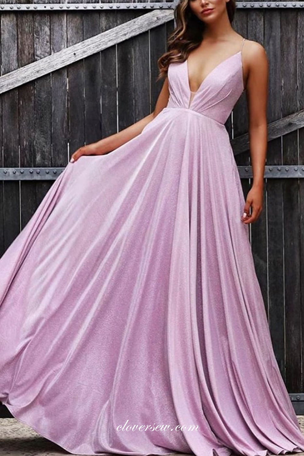 Pink Shiny Satin Spaghetti Strap Backless Prom Dresses, CP0674