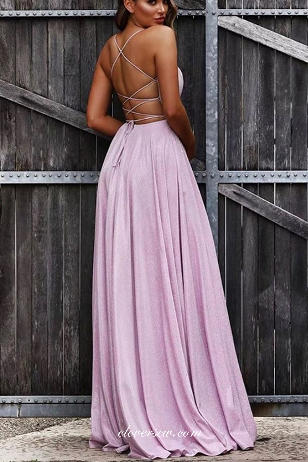 Pink Shiny Satin Spaghetti Strap Backless Prom Dresses, CP0674