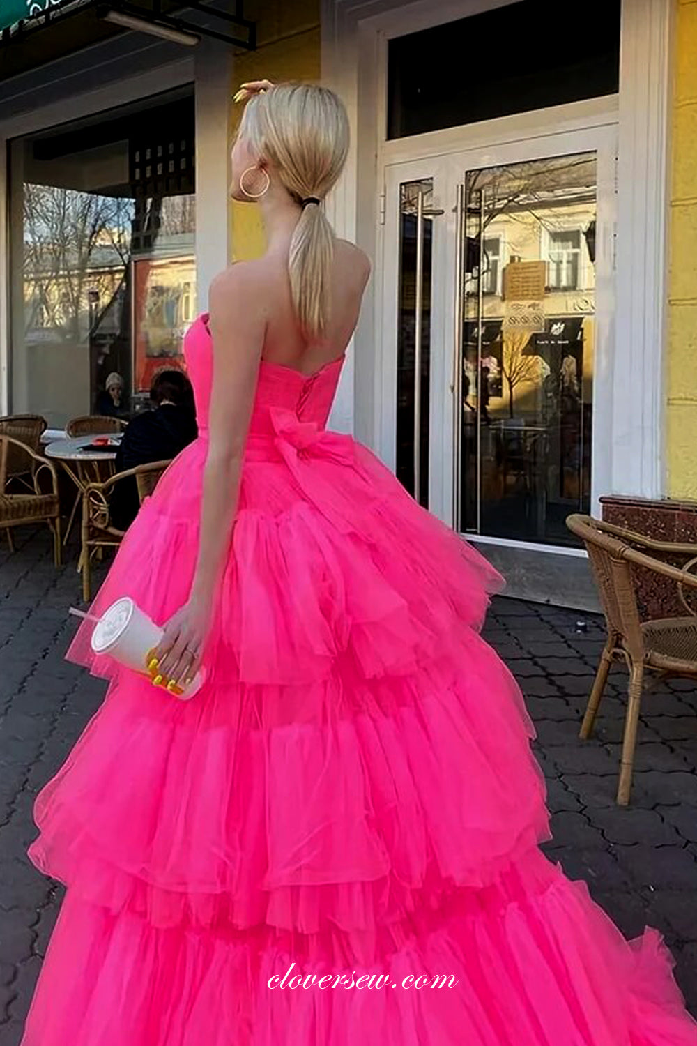 Pink Tulle Strapless Tiered High Low Charming Prom Gown, CP0963