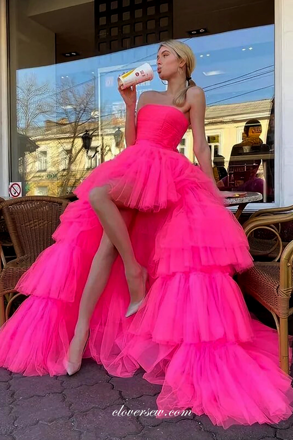 Pink Tulle Strapless Tiered High Low Charming Prom Gown, CP0963