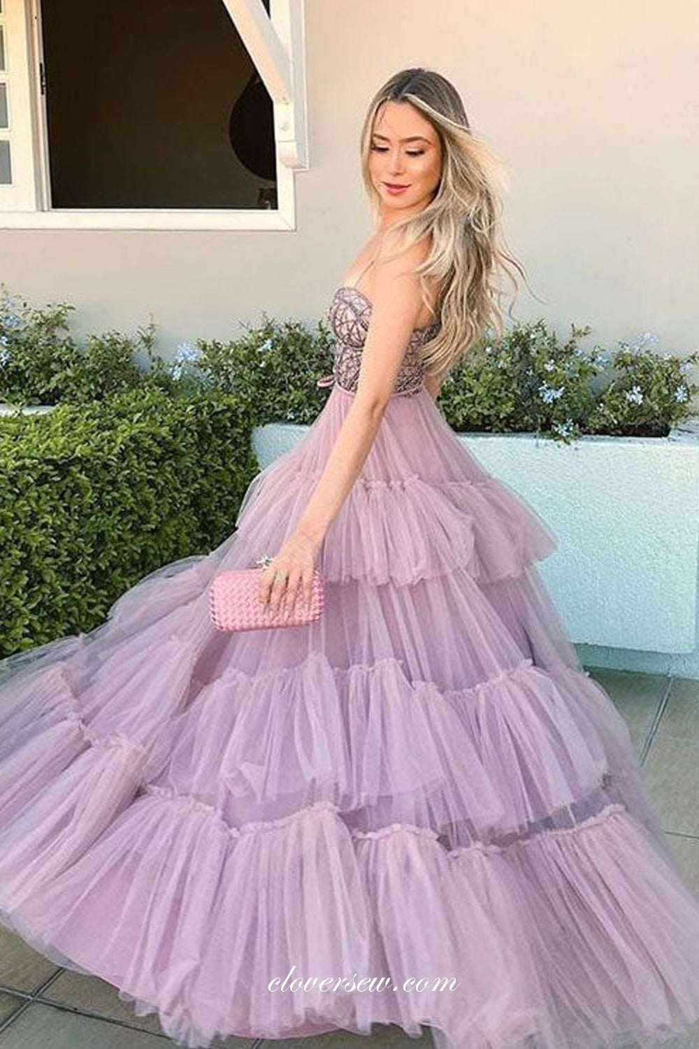 Pink Tulle Tiered A-line Spaghetti Strap Sweetheart Fashion Prom Dresses, CP0873