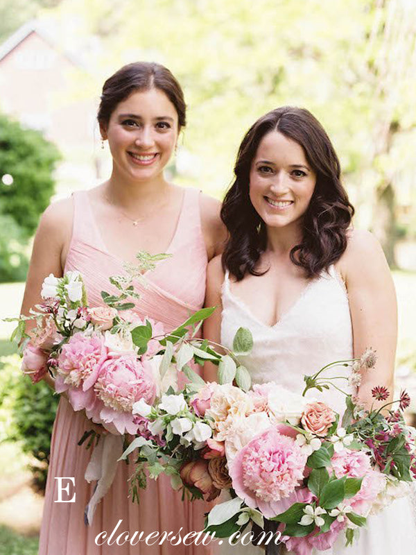 Pink Chiffon A-line Mismatched Long Bridesmaid Dresses, CB0029