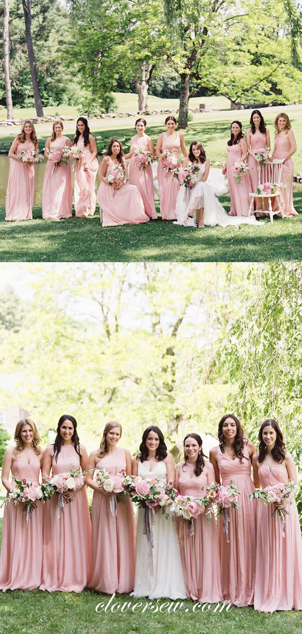 Pink Chiffon A-line Mismatched Long Bridesmaid Dresses, CB0029