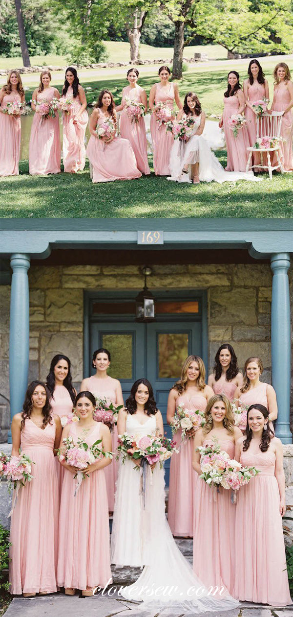 Pink Chiffon A-line Mismatched Long Bridesmaid Dresses, CB0029