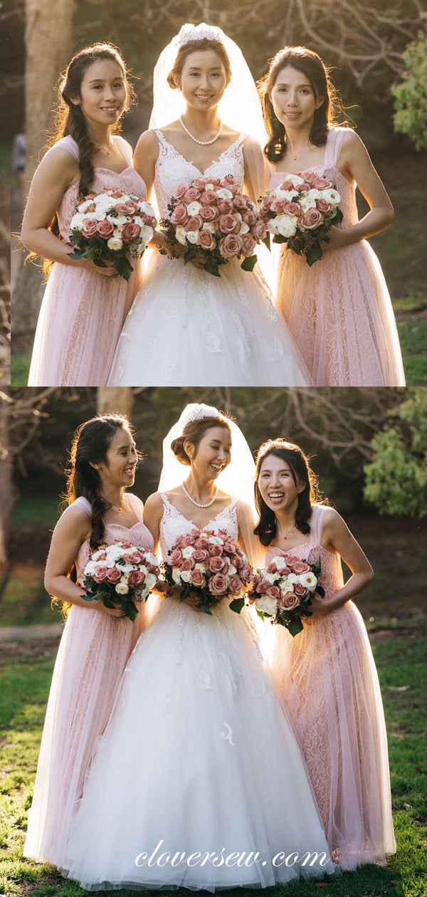 Pink Lace Tulle Sleeveless A-line Long Bridesmaid Dresses, CB0010