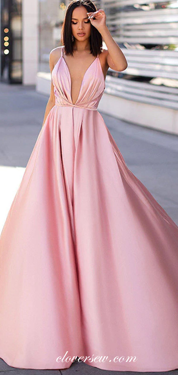 Pink Satin Pleat Spaghetti Strap A-line Prom Dresses,CP0417