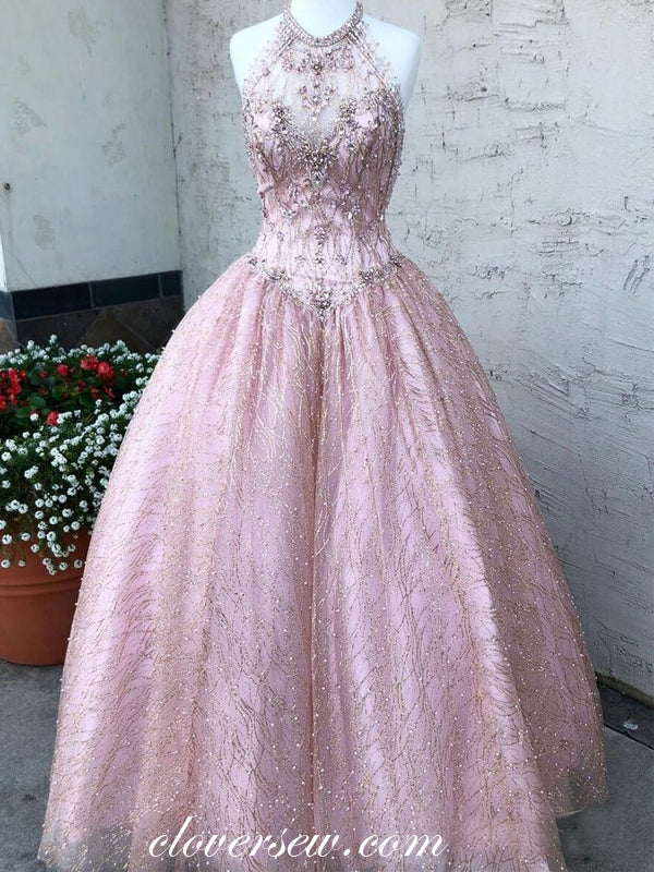 Pink Sequined Lace Halter Rhinestone Top Prom Dresses, CP0059 US8 / As Pic Pink Sequined Lace Halter Rhinestone Top Prom Dresses, CP0059 US8 / As Pic