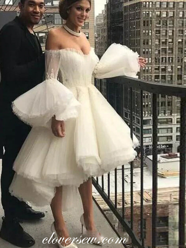 Pleating Ivory Tulle Long Puffy Sleeves High Low Short Wedding Dresses clover sew Pleating Ivory Tulle Long Puffy Sleeves High Low Short Wedding Dresses clover sew