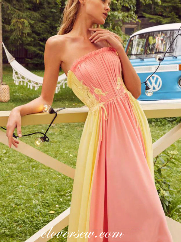 Pleating Peach And Yellow Applique Strapless A-line Prom Dresses, CP0460 Custom Size(leaving a note) / Custom Color(leaving a note) Pleating Peach And Yellow Applique Strapless A-line Prom Dresses, CP0460 Custom Size(leaving a note) / Custom Color(leaving a note)
