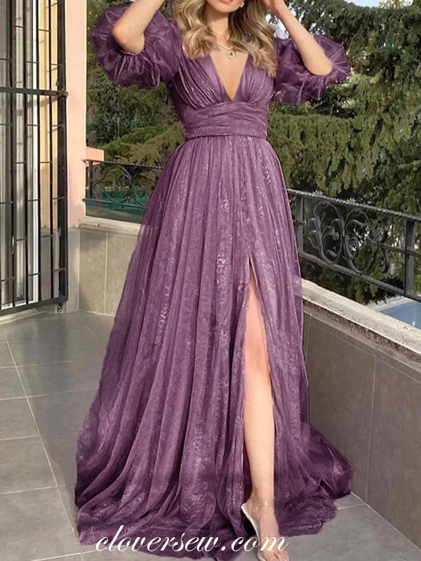 Purple Lace Half Puffy Half Sleeves V-neck High Waist Formal Dresses, CP0779 Purple Lace Half Puffy Half Sleeves V-neck High Waist Formal Dresses, CP0779