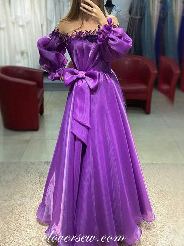 Purple Organza Puffy Sleeves With Applique A-line Prom Dresses, CP0834 Purple Organza Puffy Sleeves With Applique A-line Prom Dresses, CP0834