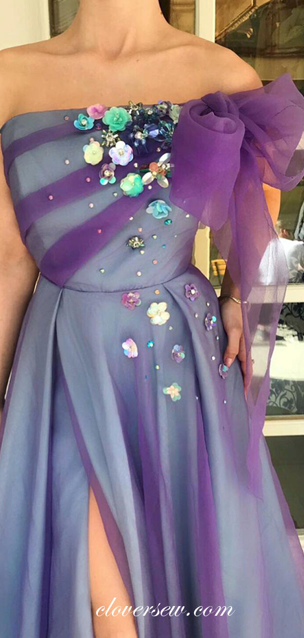 Purple Tulle Handmade Flowers Bead Strapless A-line Prom Dresses, CP0492
