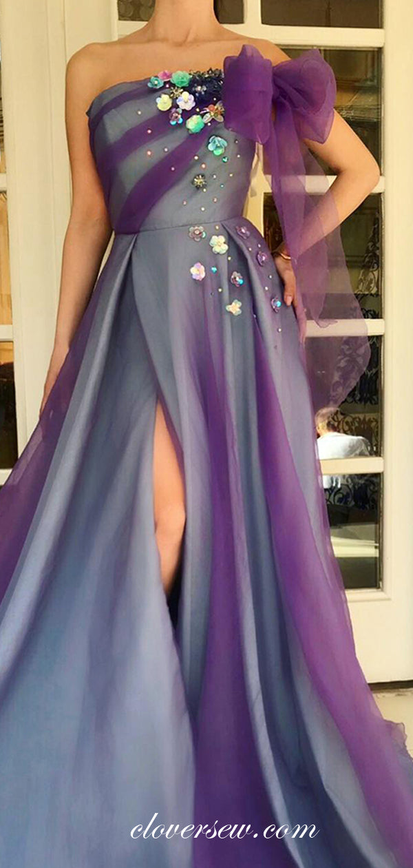 Purple Tulle Handmade Flowers Bead Strapless A-line Prom Dresses, CP0492