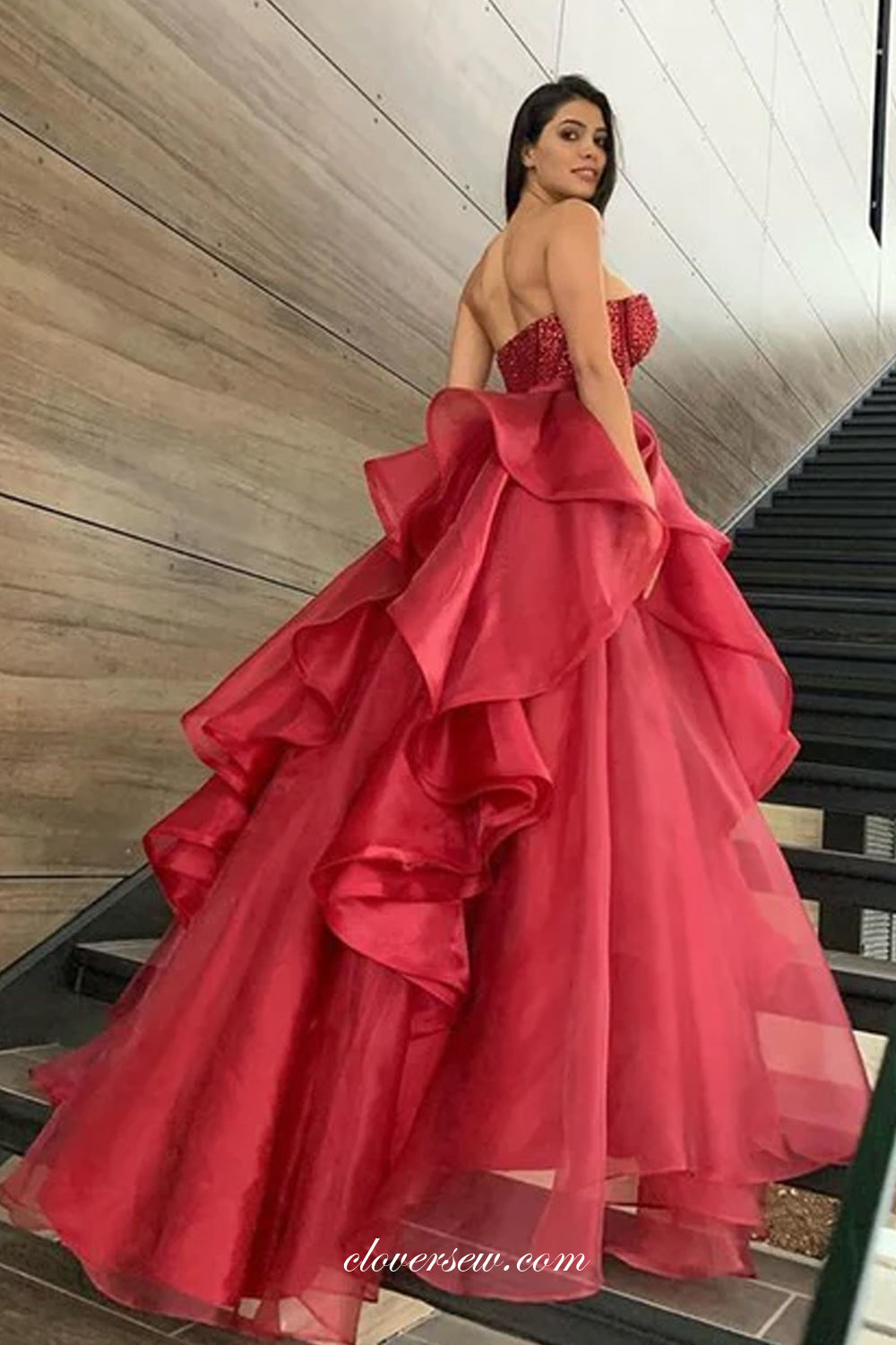Red Beading Organza Ruffles Ball Gown Strapless Prom Gowns, CP0994