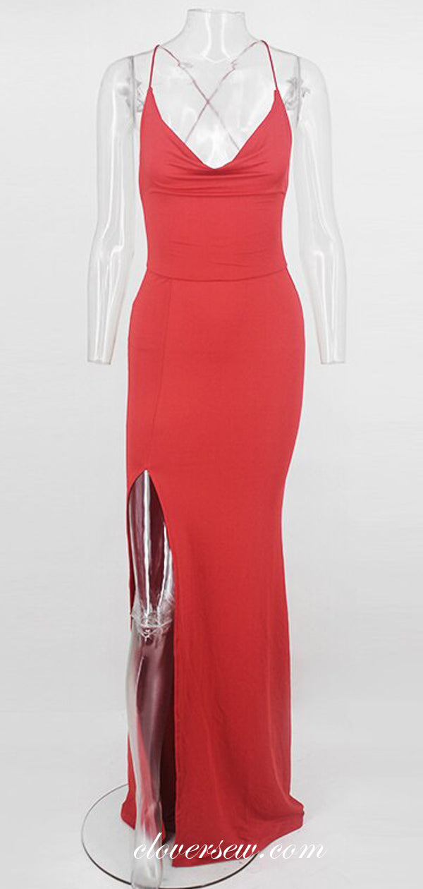 Red Jersey Spaghetti Strap Backless Sexy Party Dresses, CP0564