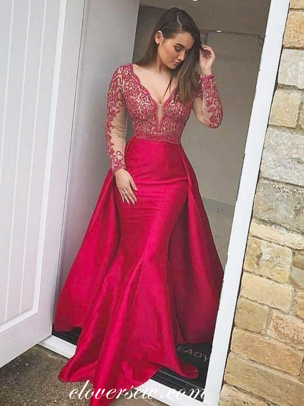 Red Lace Long Sleeve Red Prom Dresses Red Long Sleeve Lace Prom Dress V-Neck With Red Lace Long Sleeve Red Prom Dresses Red Long Sleeve Lace Prom Dress V-Neck With