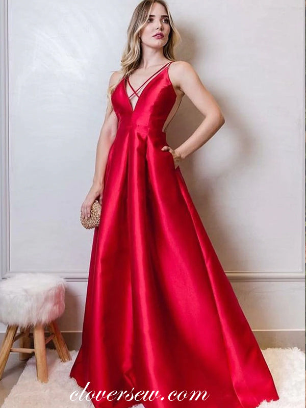 red prom dresses with pockets Red v neck satin long prom dress red satin long evening dress shdress