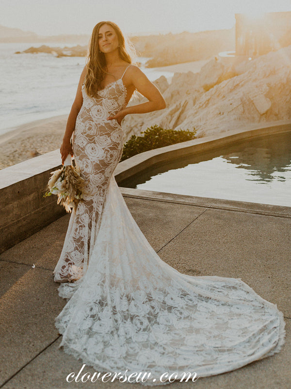 Rose Floral Lace Nude Lining Spaghetti Strap Mermaid Beach Wedding Dre clover sew Rose Floral Lace Nude Lining Spaghetti Strap Mermaid Beach Wedding Dre clover sew
