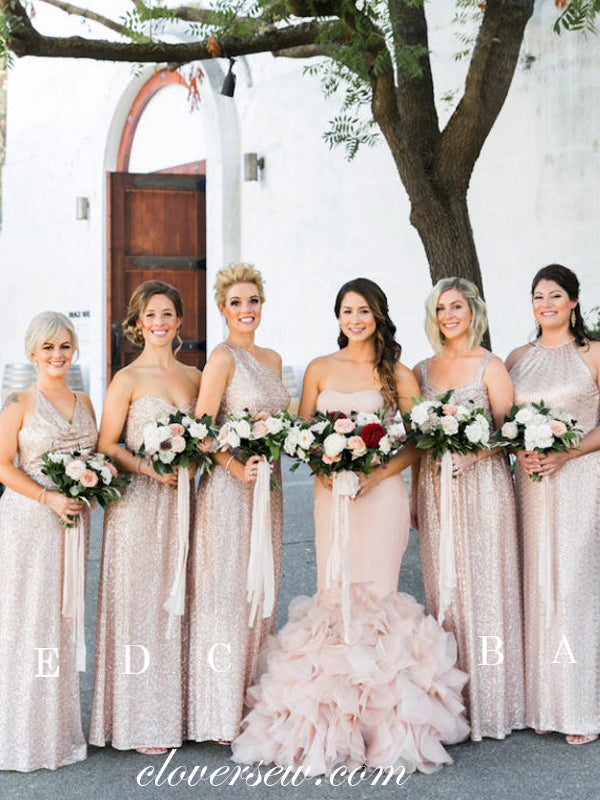 Rose Gold Sequin Mismatched Column Long Bridesmaid Dresses , CB0061 Rose Gold Sequin Mismatched Column Long Bridesmaid Dresses , CB0061