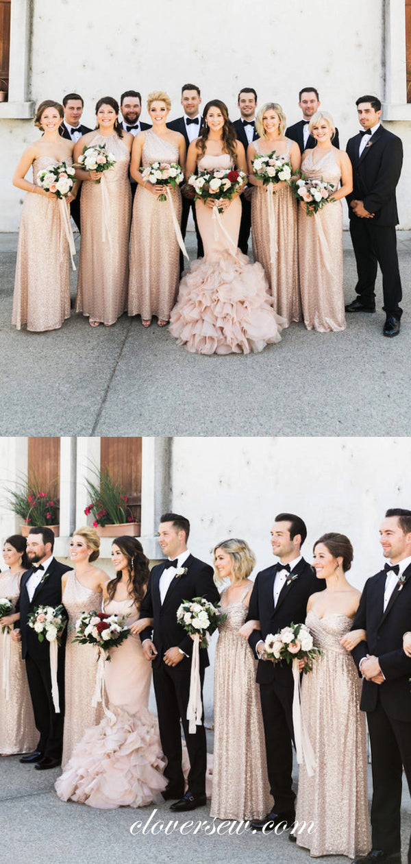 Rose Gold Sequin Mismatched Column Long Bridesmaid Dresses , CB0061