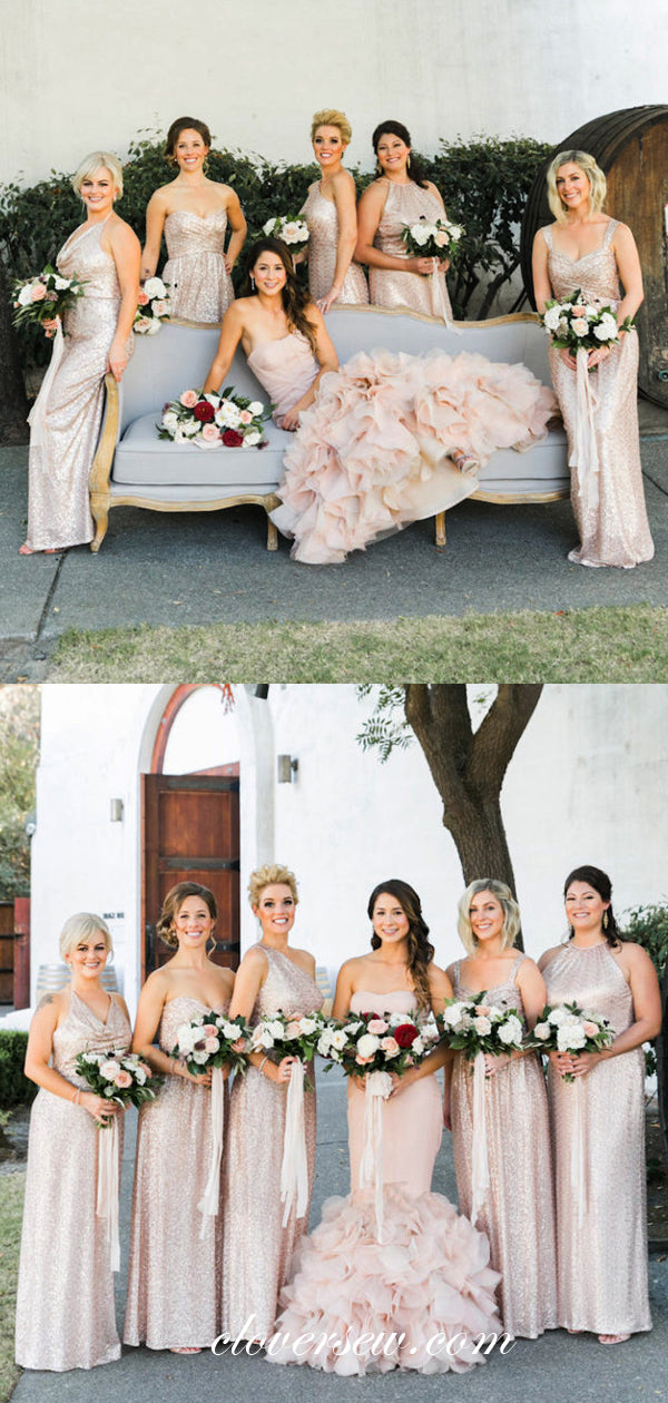 Rose Gold Sequin Mismatched Column Long Bridesmaid Dresses , CB0061