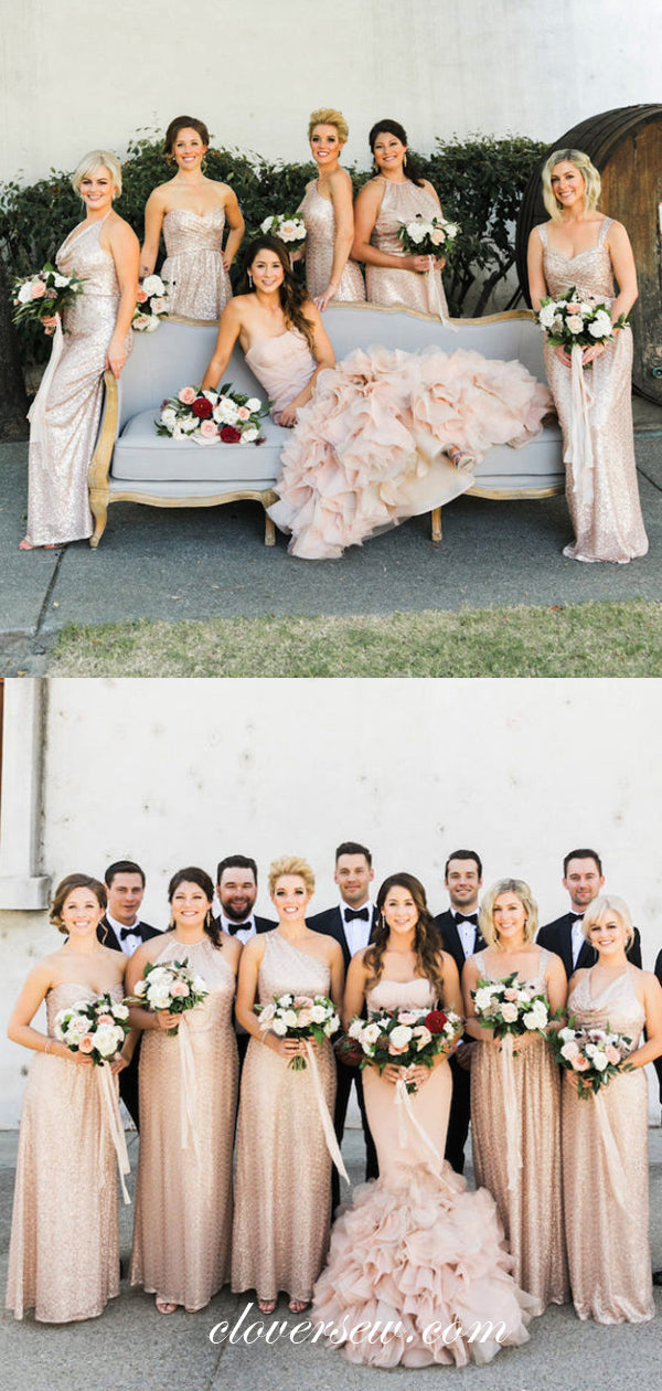Rose Gold Sequin Mismatched Column Long Bridesmaid Dresses , CB0061