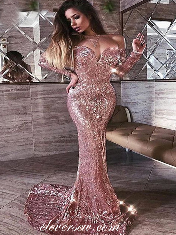 Rose Gold Sequin Off The Shoulder Long Sleeves Mermaid Prom Dresses,CP0155 Custom Size(Leaving A note) / Custom Color(Leaving A note) Rose Gold Sequin Off The Shoulder Long Sleeves Mermaid Prom Dresses,CP0155 Custom Size(Leaving A note) / Custom Color(Leaving A note)