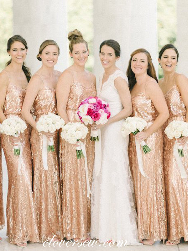 Rose Gold Sequin Spaghetti Strap Column Long Bridesmaid Dresses, CB0006 Rose Gold Sequin Spaghetti Strap Column Long Bridesmaid Dresses, CB0006