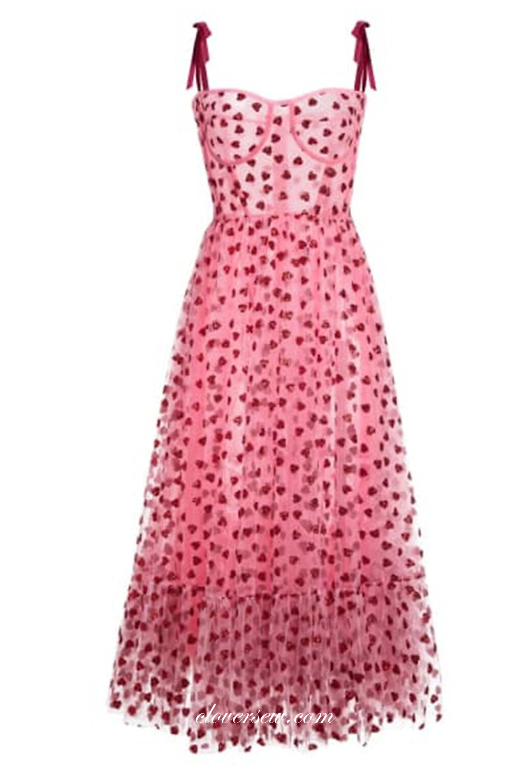 Rosy Heart Sequined Tulle Sweetheart Spaghetti Strap Ankle-length Party Dresses, CP0772