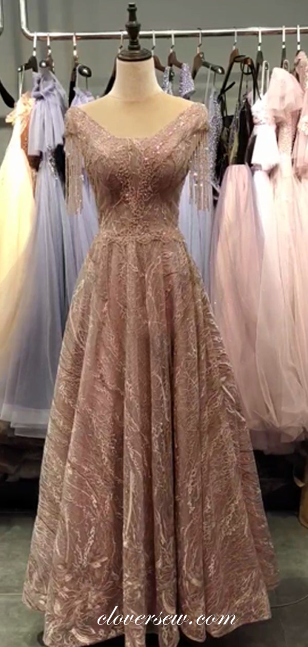 Rosy Lace Bead Short Sleeves With Tassel A-line Prom Dresses, CP0664