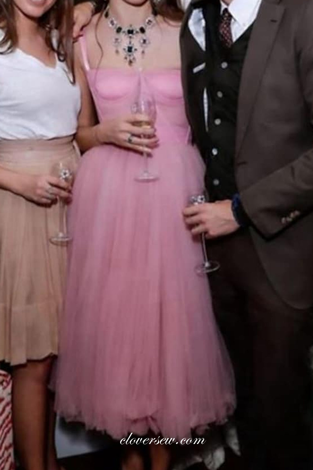 Rosy Tulle Sleeveless Sweet Tea Length Homecoming Dresses,CH0034
