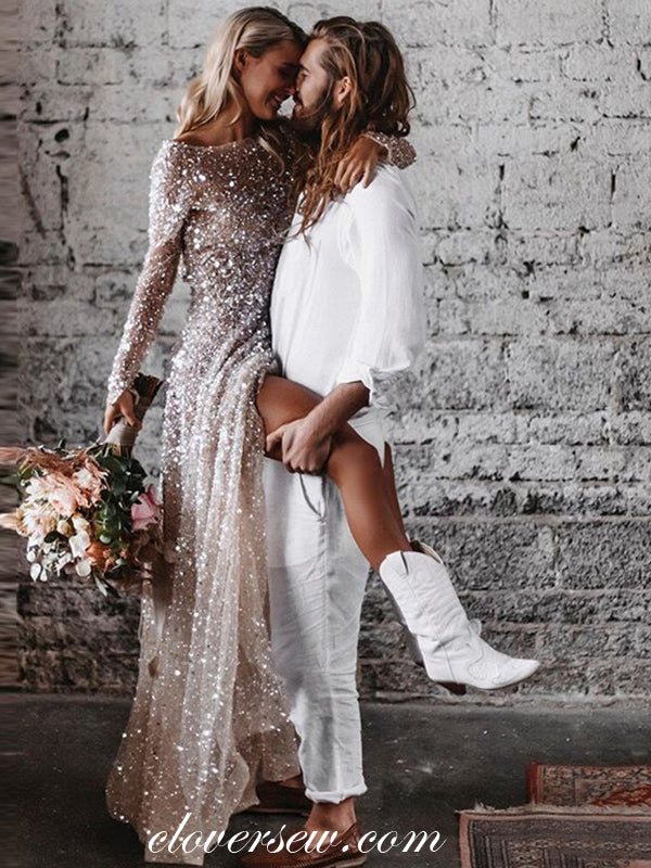 Round Neck Long Sleeves Champagne Sequined Tulle Glitter Wedding Dress clover sew Round Neck Long Sleeves Champagne Sequined Tulle Glitter Wedding Dress clover sew
