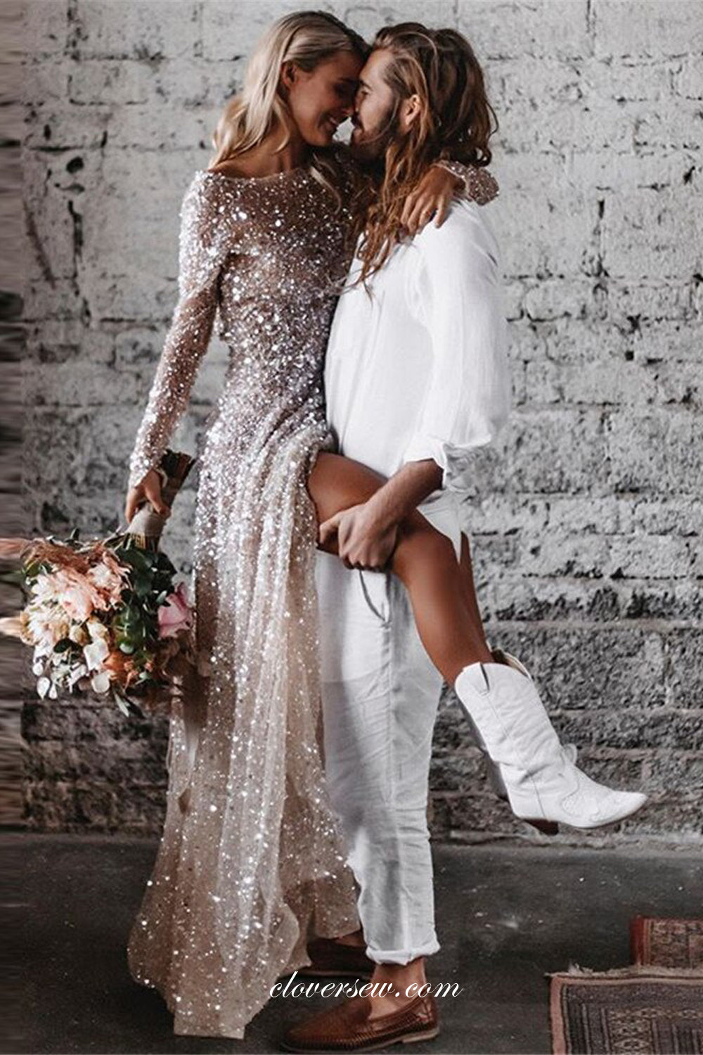 Round Neck Long Sleeves Champagne Sequined Tulle Glitter Wedding Dresses, CW0303